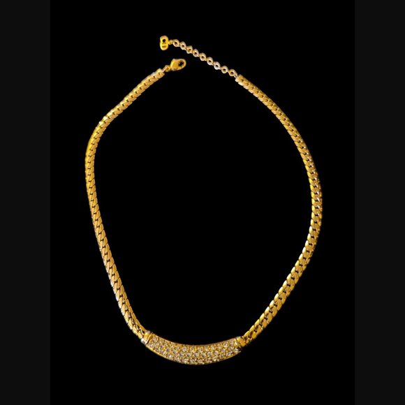Vintage Christain Dior Pave Crystal Curved Bar 17.25" Gold Flat Snake Chain - Picture 1 of 9